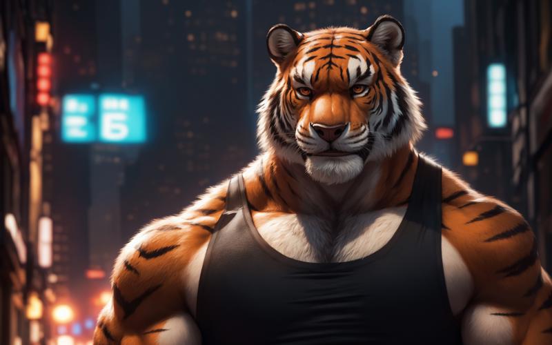 03177-4039783108-furrender style,portrait of a large muscular male siberian tiger,middle-aged,orange eyes,He wore a dark tank top and a pair of l.jpg